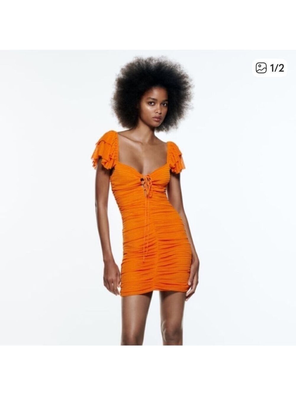 Zara Womens Pleated Ruffle Mini Dress Orange Medium